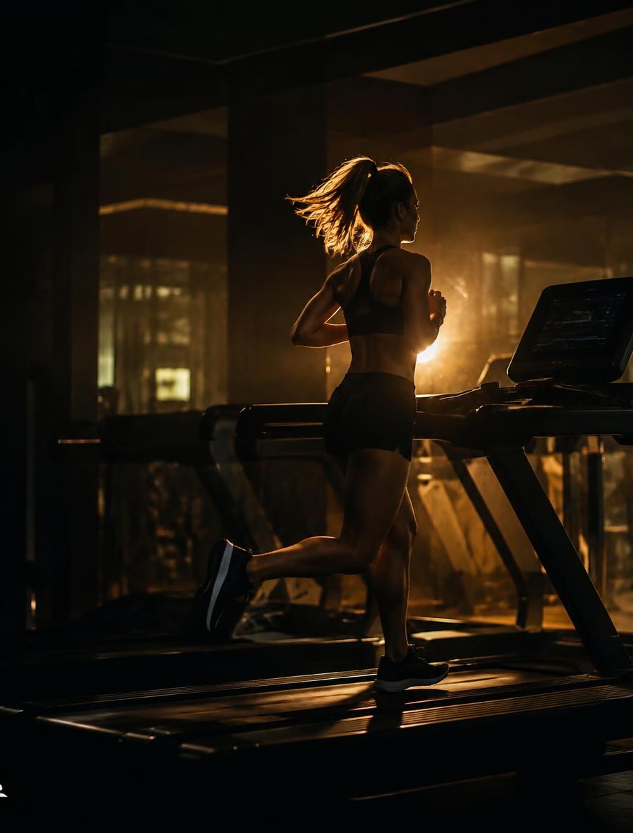 Woman running on a treadmill in warm backlight