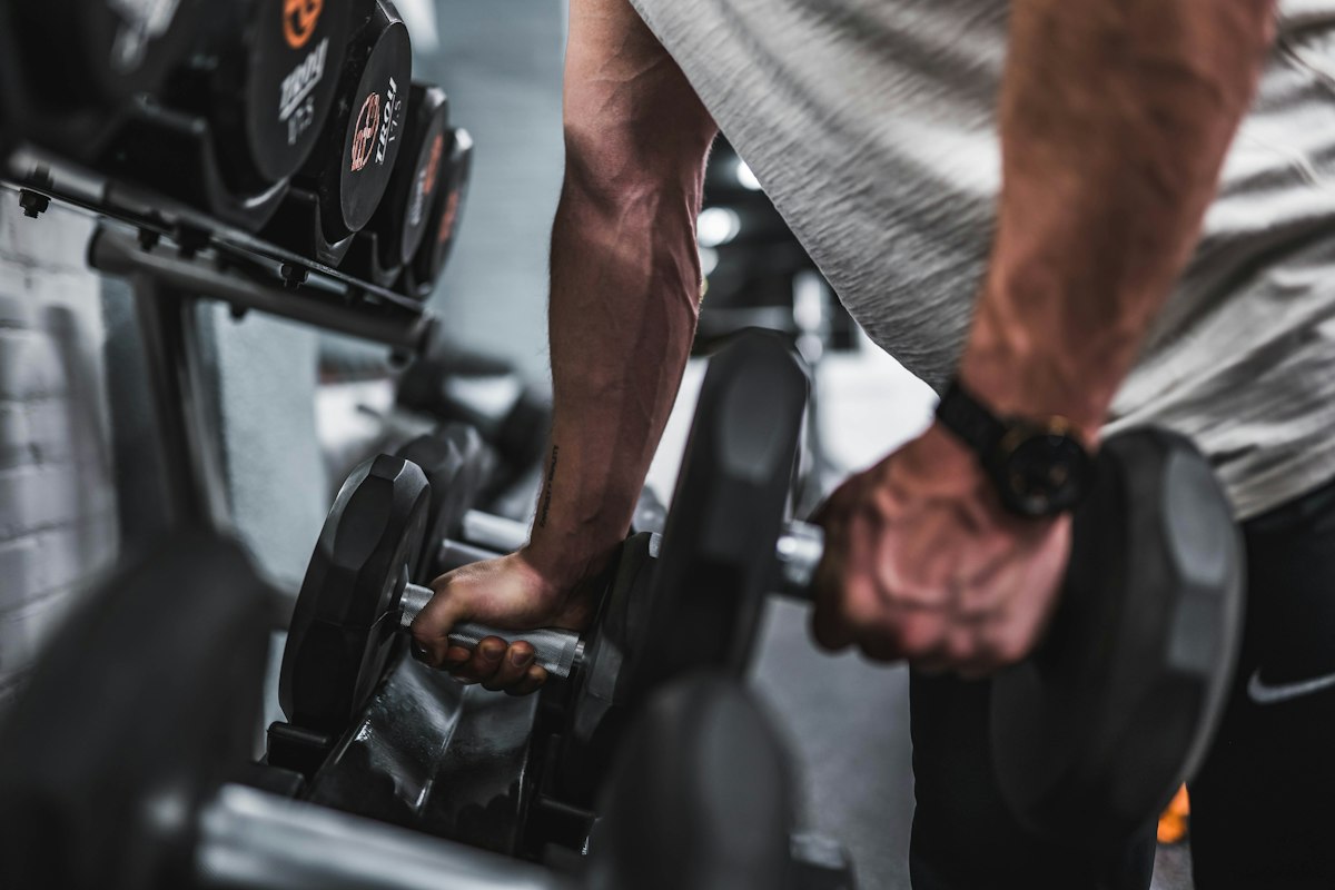 Heavy steel dumbbells organized on commercial gym dumbbell racks