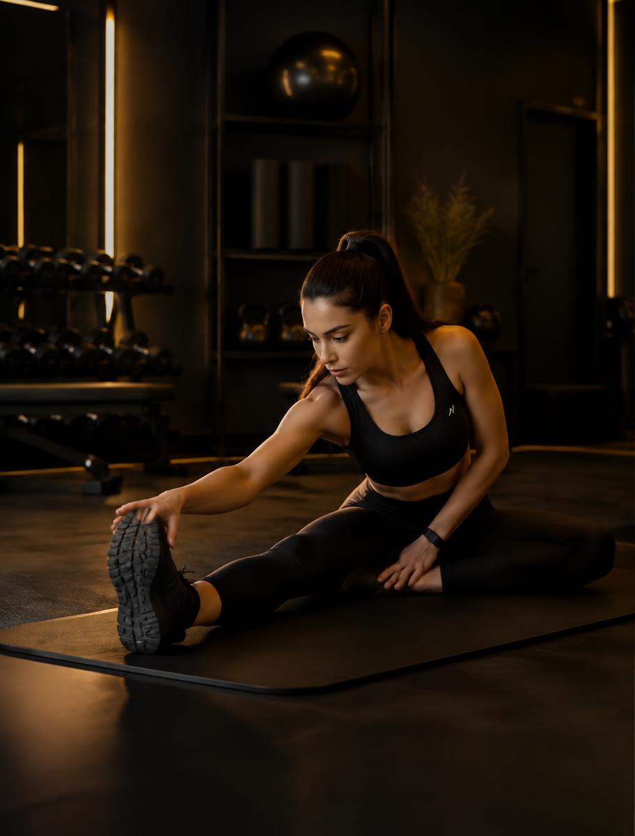 Woman stretching on a mat in a calm gym corner