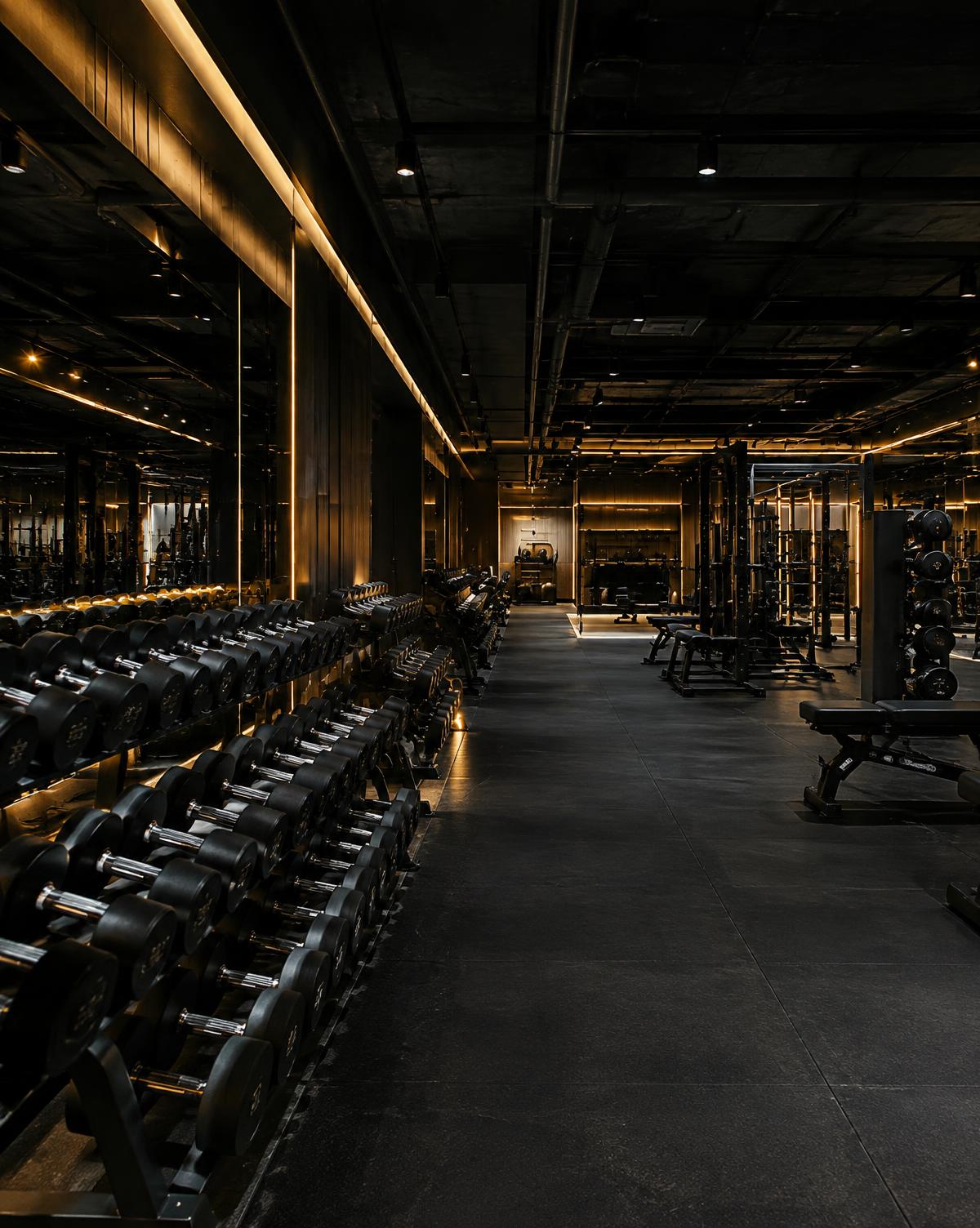 Rows of precision steel dumbbells along a dark gym floor lit with warm gold strip lights