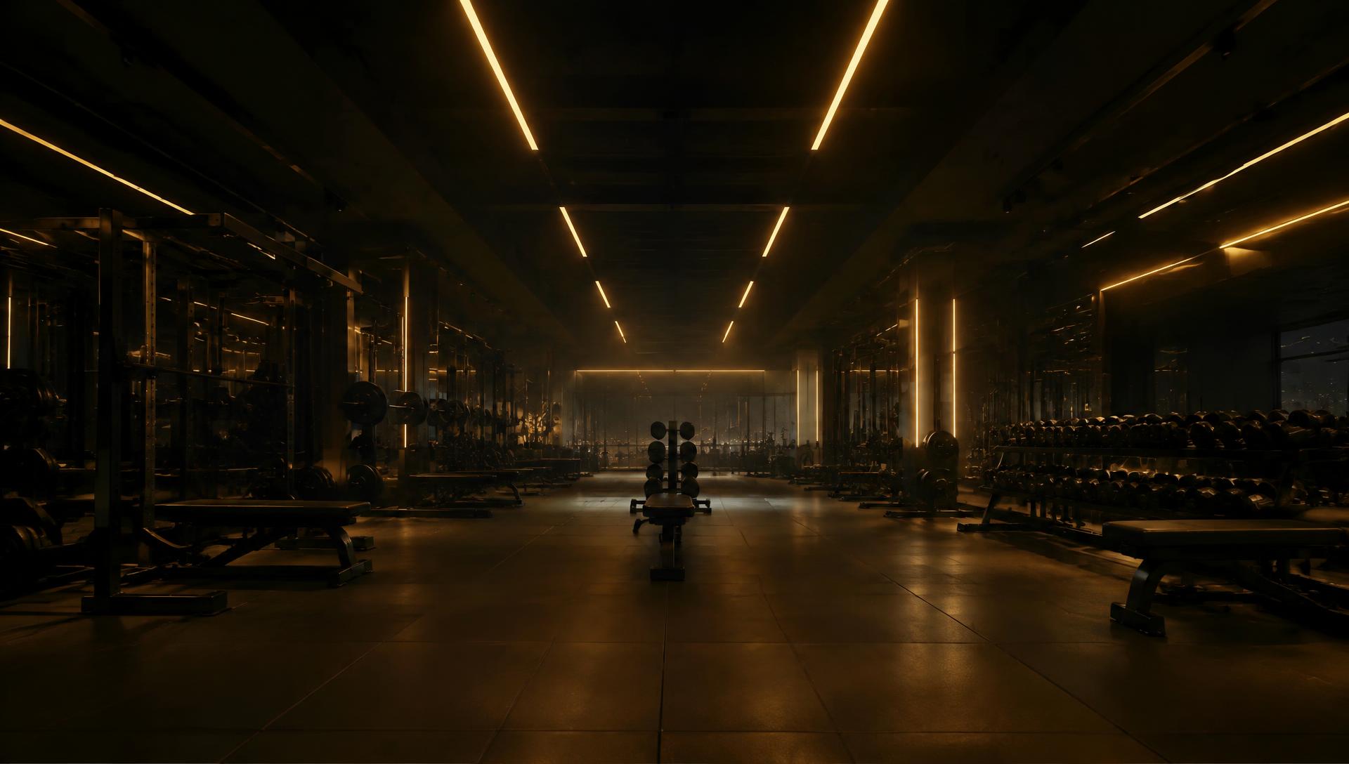 Wide view of a dark gym floor under gold linear ceiling lights